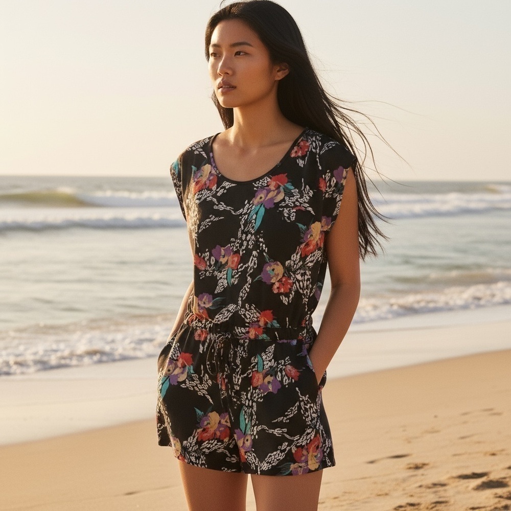 Yumi Kim Romper Silk Floral Navy Blue Size Small - Picture 11 of 11